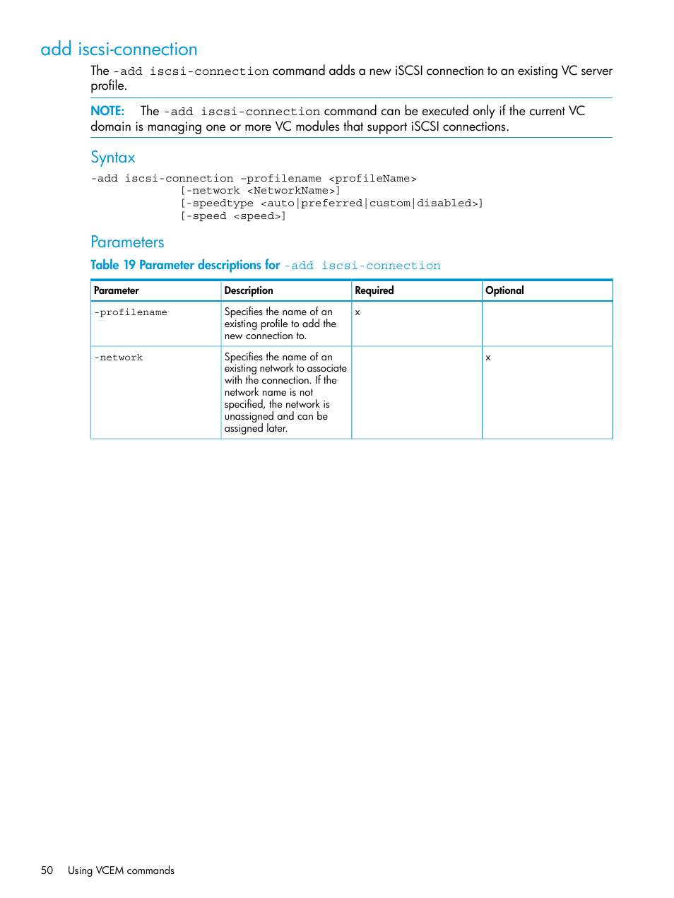 Add iscsi-connection, Syntax, Parameters | HP Virtual Connect Enterprise Manager Software User Manual | Page 50 / 113