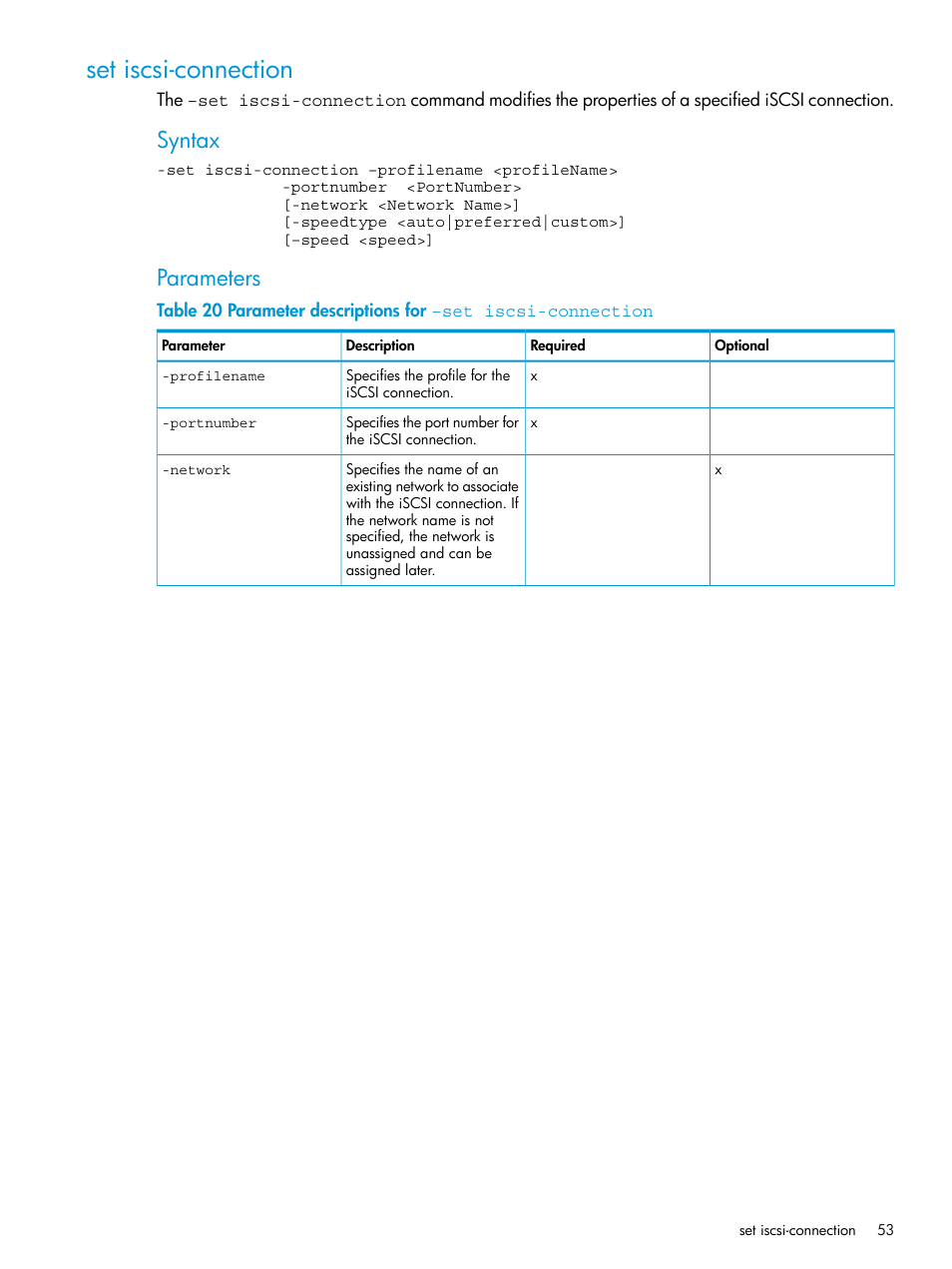 Set iscsi-connection, Syntax, Parameters | HP Virtual Connect Enterprise Manager Software User Manual | Page 53 / 113