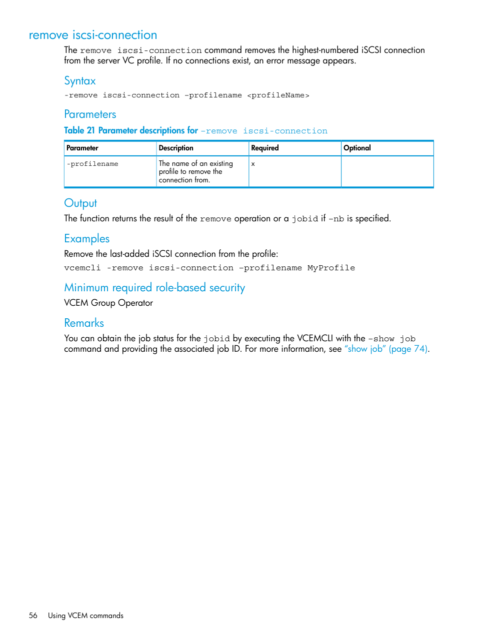 Remove iscsi-connection, Syntax, Parameters | Output, Examples, Minimum required role-based security, Remarks | HP Virtual Connect Enterprise Manager Software User Manual | Page 56 / 113