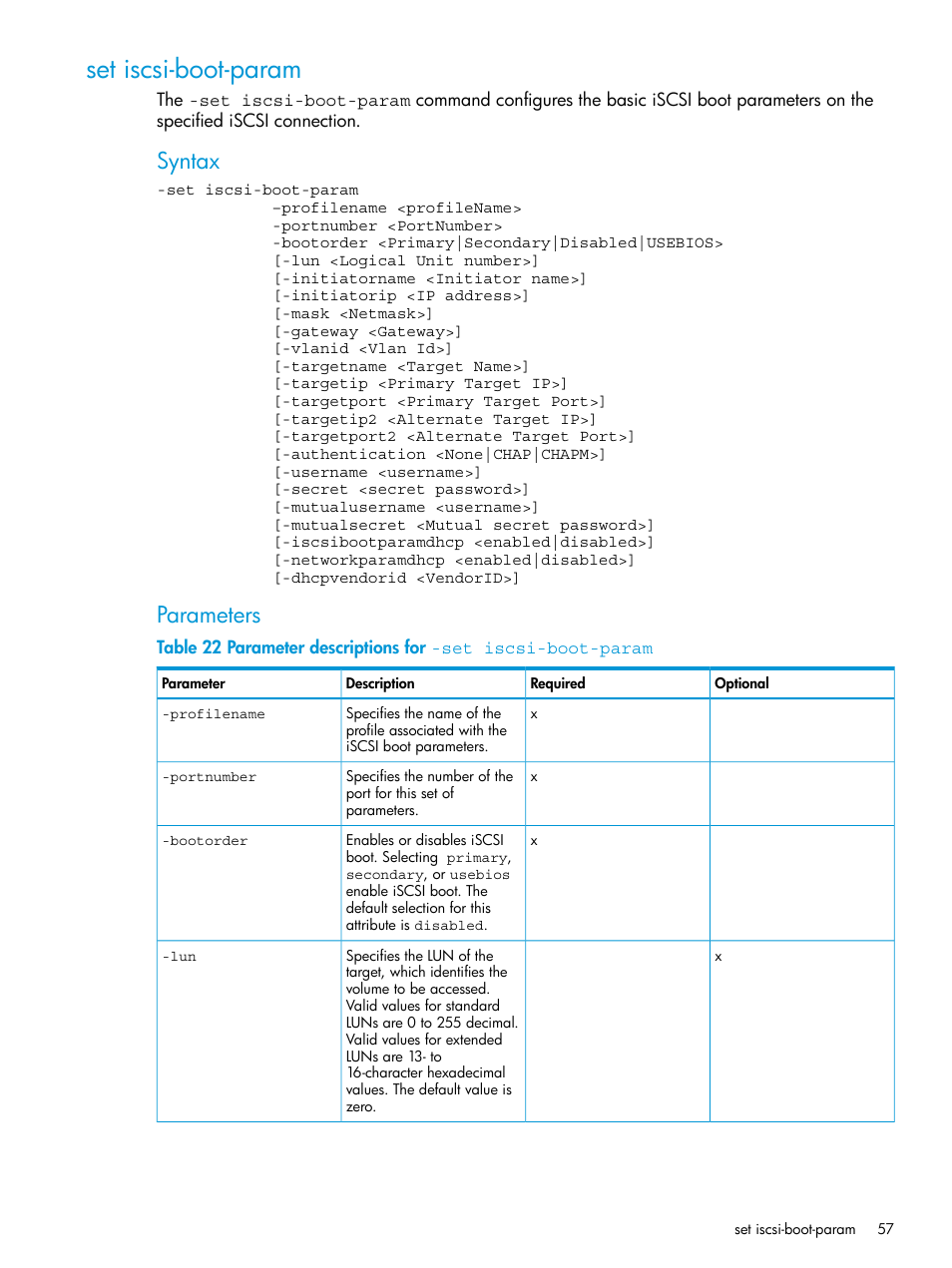 Set iscsi-boot-param, Syntax, Parameters | HP Virtual Connect Enterprise Manager Software User Manual | Page 57 / 113