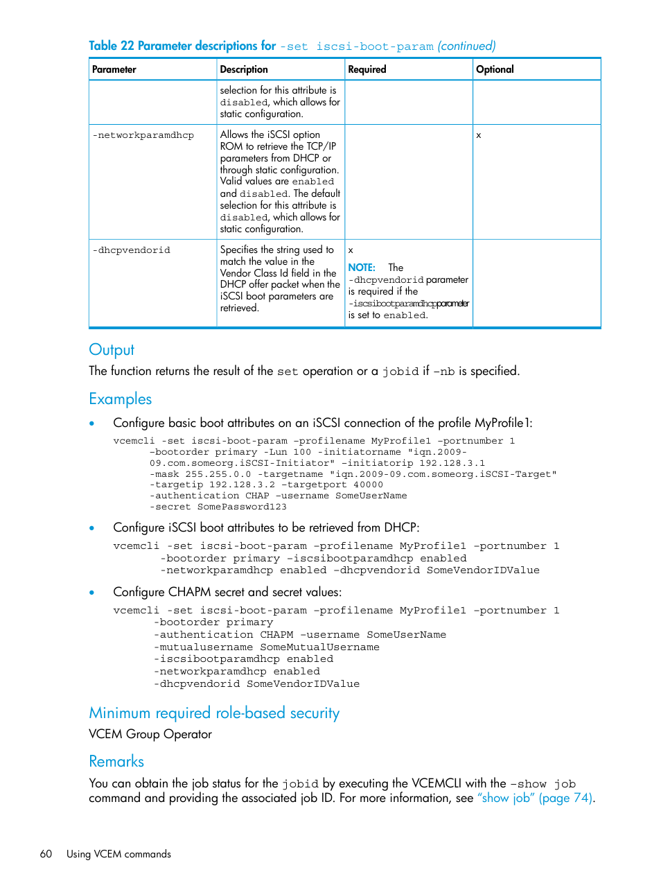 Output, Examples, Minimum required role-based security | Remarks | HP Virtual Connect Enterprise Manager Software User Manual | Page 60 / 113