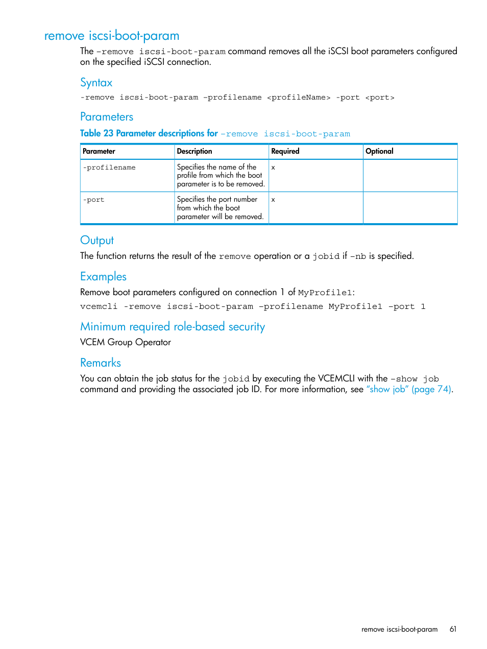 Remove iscsi-boot-param, Syntax, Parameters | Output, Examples, Minimum required role-based security, Remarks | HP Virtual Connect Enterprise Manager Software User Manual | Page 61 / 113