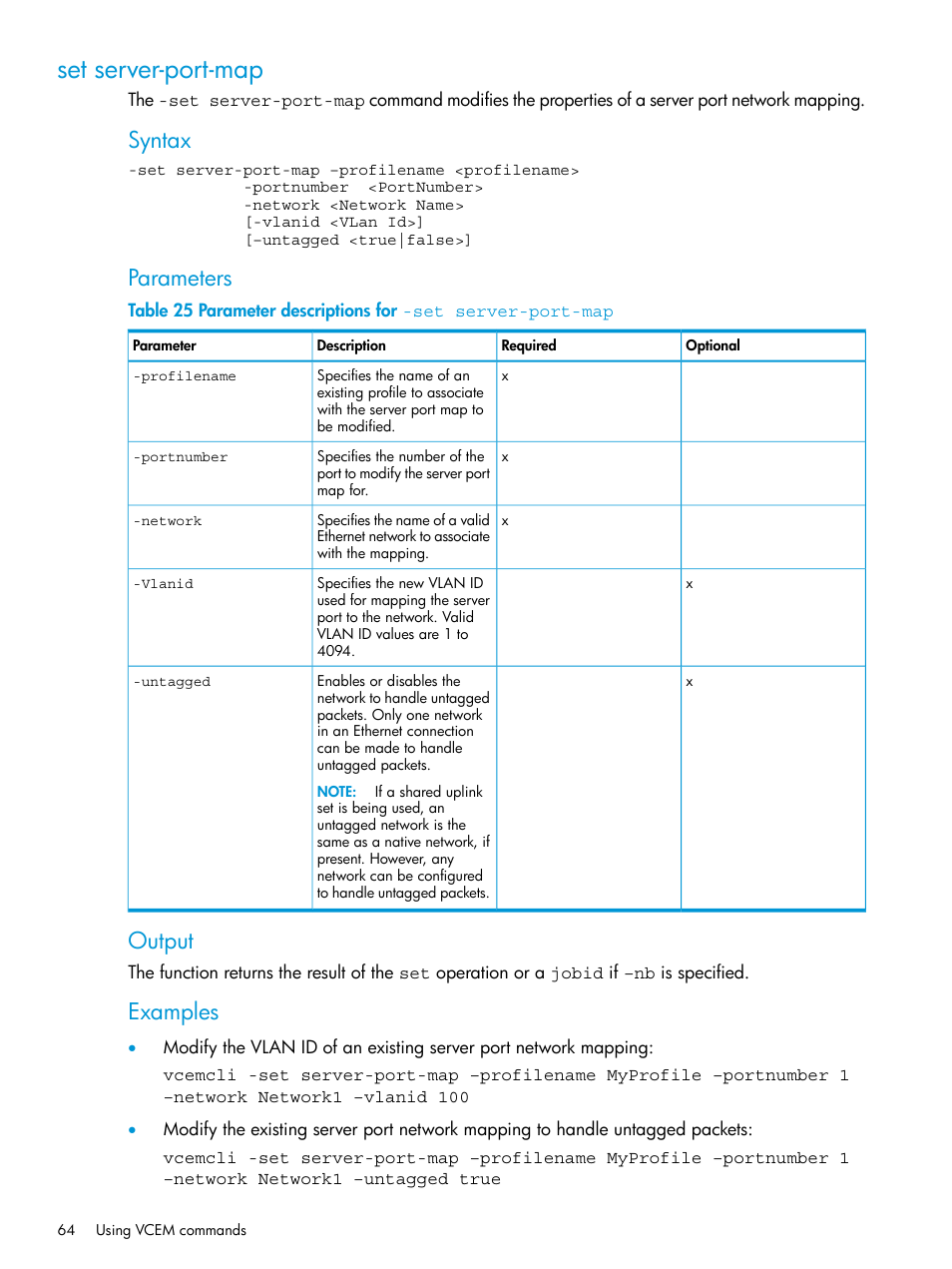 Set server-port-map, Syntax, Parameters | Output, Examples | HP Virtual Connect Enterprise Manager Software User Manual | Page 64 / 113