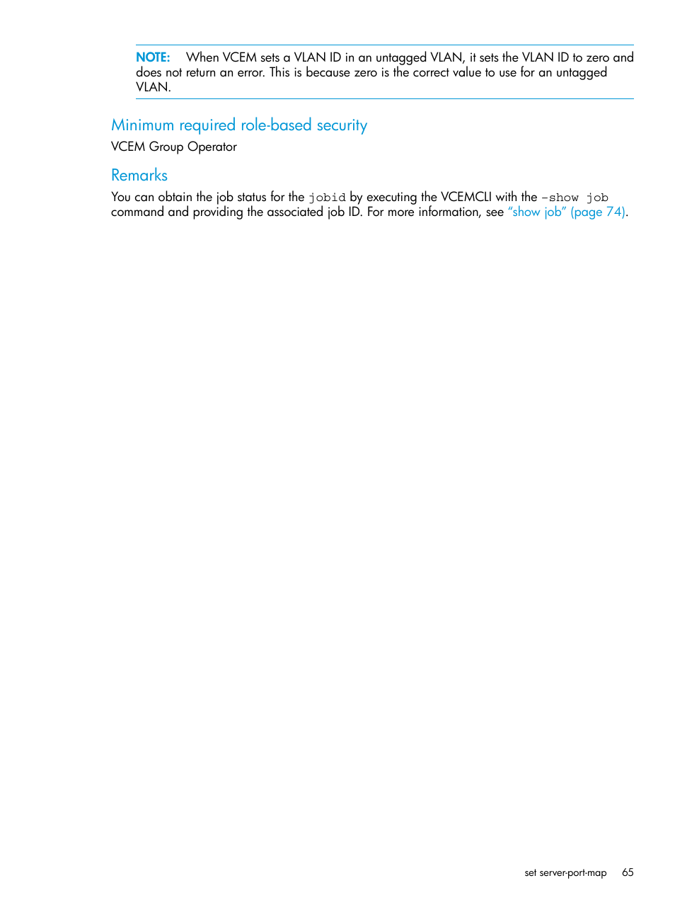 Minimum required role-based security, Remarks | HP Virtual Connect Enterprise Manager Software User Manual | Page 65 / 113