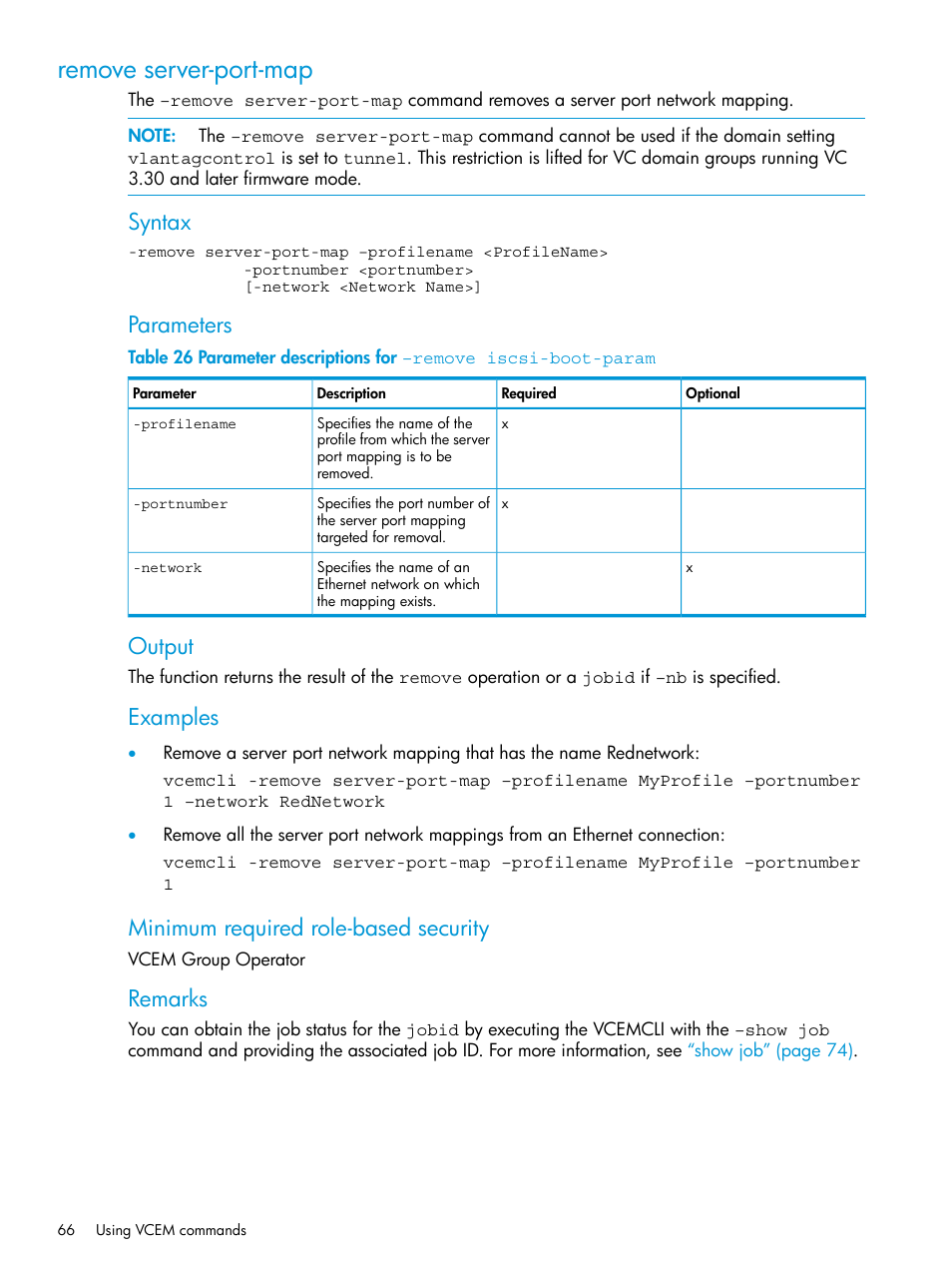 Remove server-port-map, Syntax, Parameters | Output, Examples, Minimum required role-based security, Remarks | HP Virtual Connect Enterprise Manager Software User Manual | Page 66 / 113