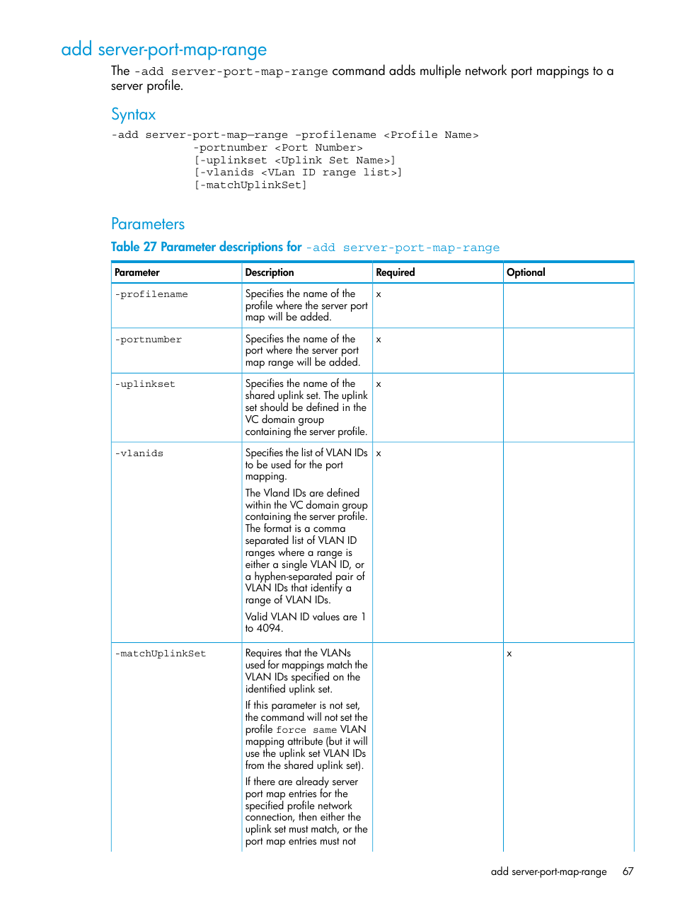 Add server-port-map-range, Syntax, Parameters | HP Virtual Connect Enterprise Manager Software User Manual | Page 67 / 113