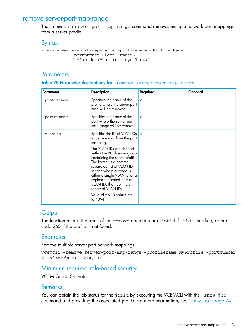 Remove server-port-map-range, Syntax, Parameters | Output, Examples, Minimum required role-based security, Remarks | HP Virtual Connect Enterprise Manager Software User Manual | Page 69 / 113