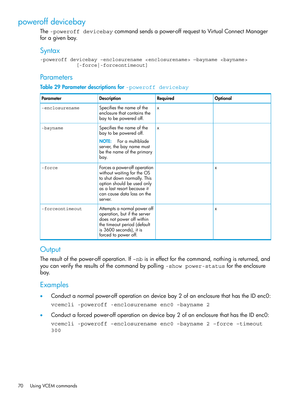 Poweroff devicebay, Syntax, Parameters | Output, Examples | HP Virtual Connect Enterprise Manager Software User Manual | Page 70 / 113