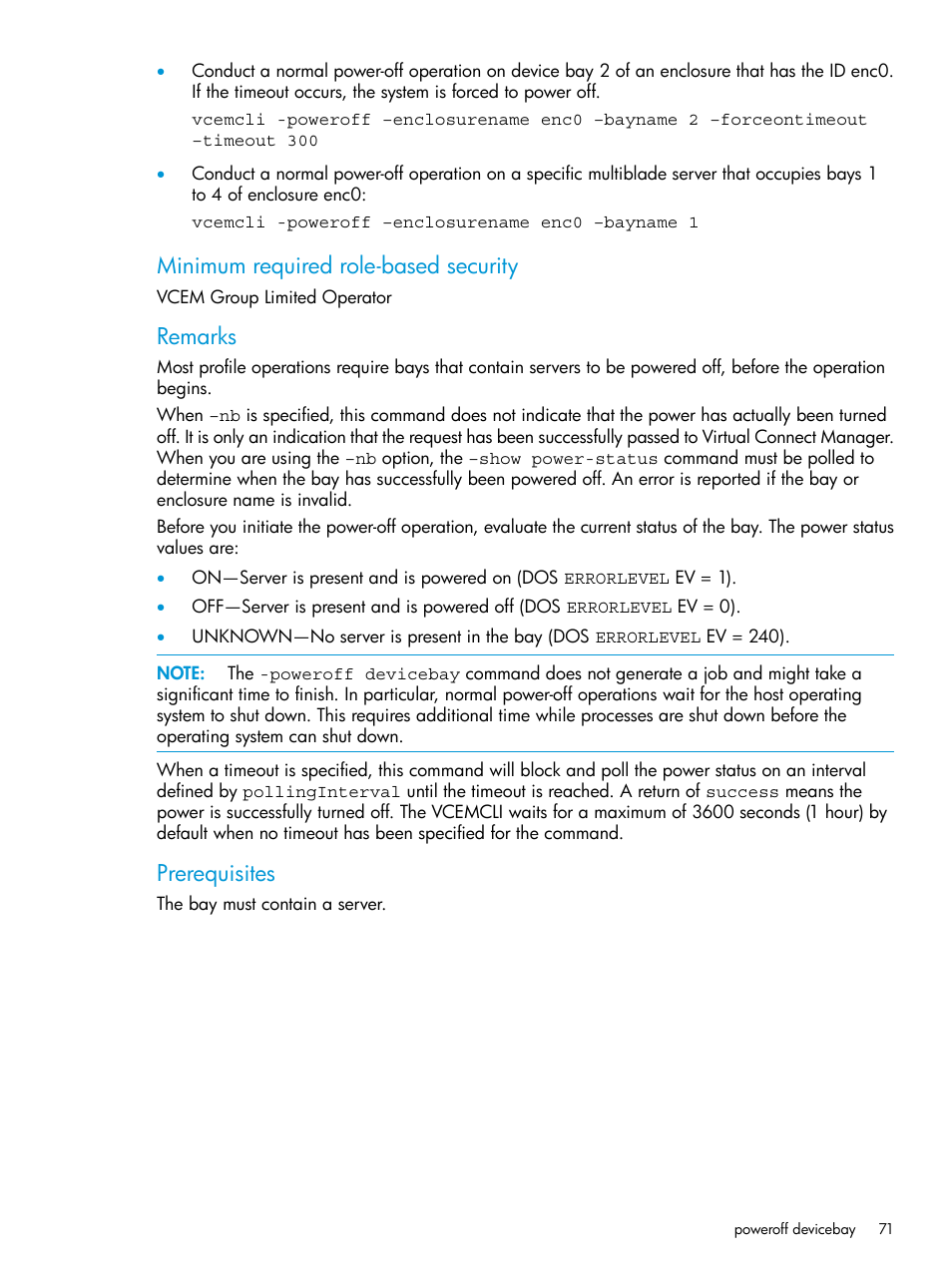 Minimum required role-based security, Remarks, Prerequisites | HP Virtual Connect Enterprise Manager Software User Manual | Page 71 / 113