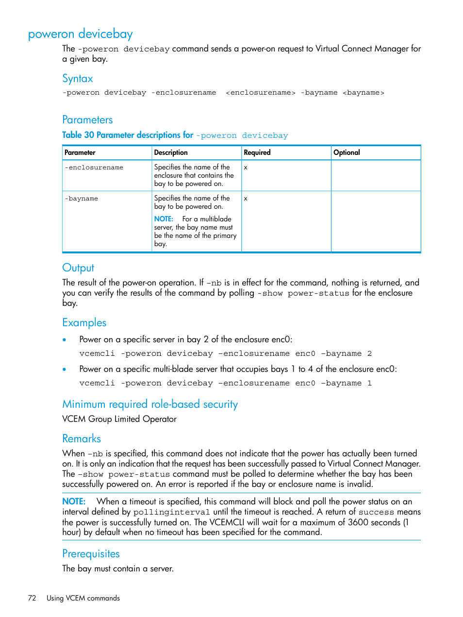 Poweron devicebay, Syntax, Parameters | Output, Examples, Minimum required role-based security, Remarks, Prerequisites | HP Virtual Connect Enterprise Manager Software User Manual | Page 72 / 113