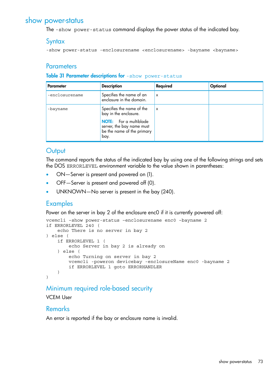 Show power-status, Show, Syntax | Parameters, Output, Examples, Minimum required role-based security, Remarks | HP Virtual Connect Enterprise Manager Software User Manual | Page 73 / 113