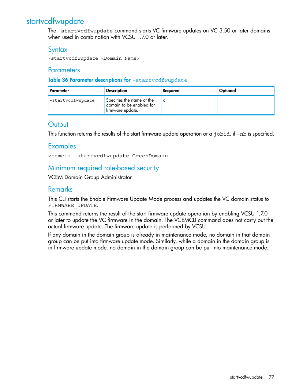 Startvcdfwupdate, Syntax, Parameters | Output, Examples, Minimum required role-based security, Remarks | HP Virtual Connect Enterprise Manager Software User Manual | Page 77 / 113