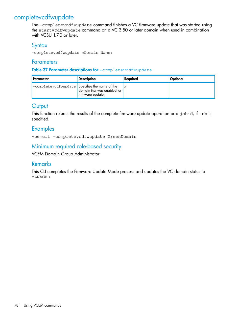 Completevcdfwupdate, Syntax, Parameters | Output, Examples, Minimum required role-based security, Remarks | HP Virtual Connect Enterprise Manager Software User Manual | Page 78 / 113