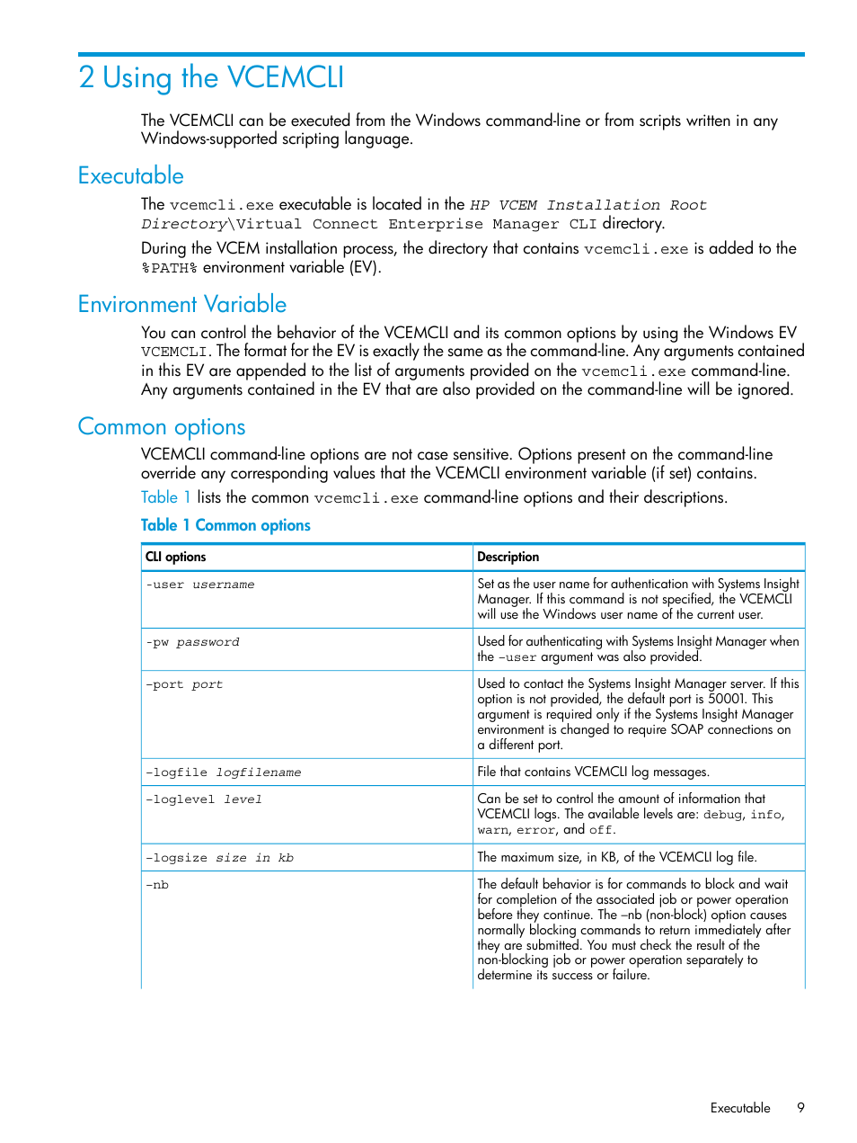 2 using the vcemcli, Executable, Environment variable | Common options, Executable environment variable common options | HP Virtual Connect Enterprise Manager Software User Manual | Page 9 / 113