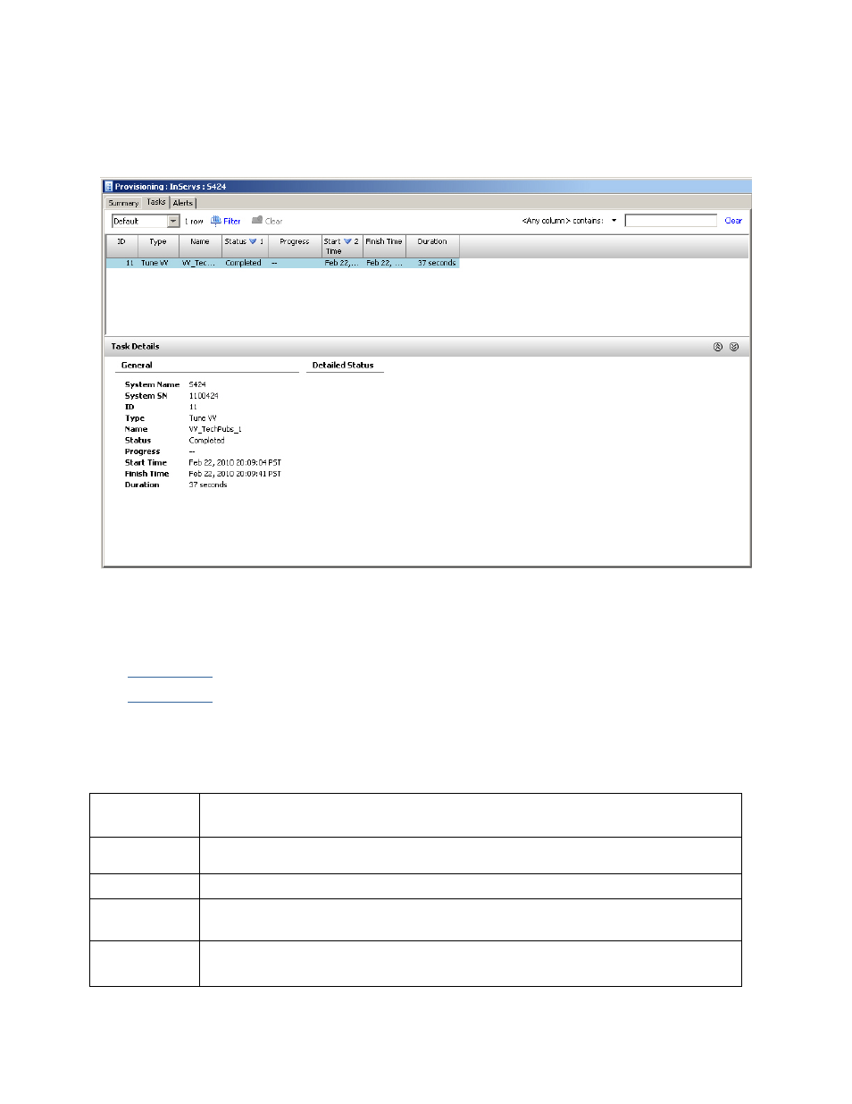 Tasks tab, Upper pane | HP 3PAR T-Class Storage Systems User Manual | Page 227 / 475