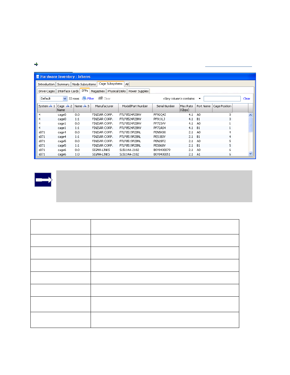 Viewing the cage subsystems sfps tab | HP 3PAR T-Class Storage Systems User Manual | Page 454 / 475