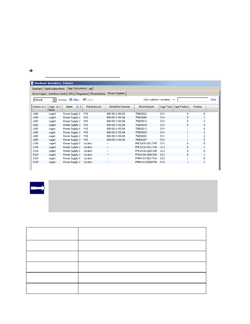 Viewing the cage subsystems power supplies tab | HP 3PAR T-Class Storage Systems User Manual | Page 459 / 475