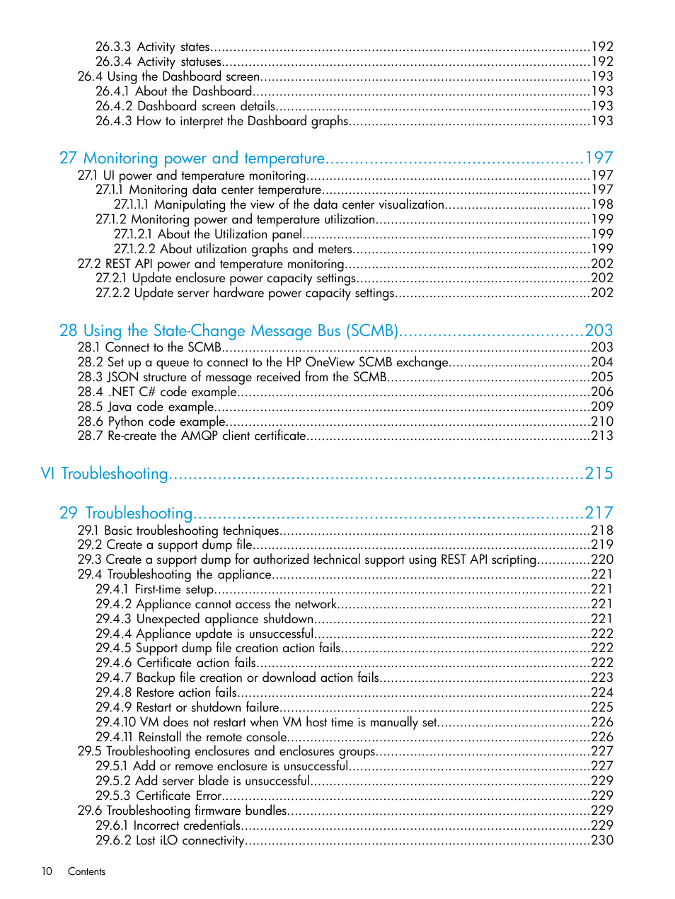 27 monitoring power and temperature, 28 using the state-change message bus (scmb), Vi troubleshooting 29 troubleshooting | HP OneView User Manual | Page 10 / 317
