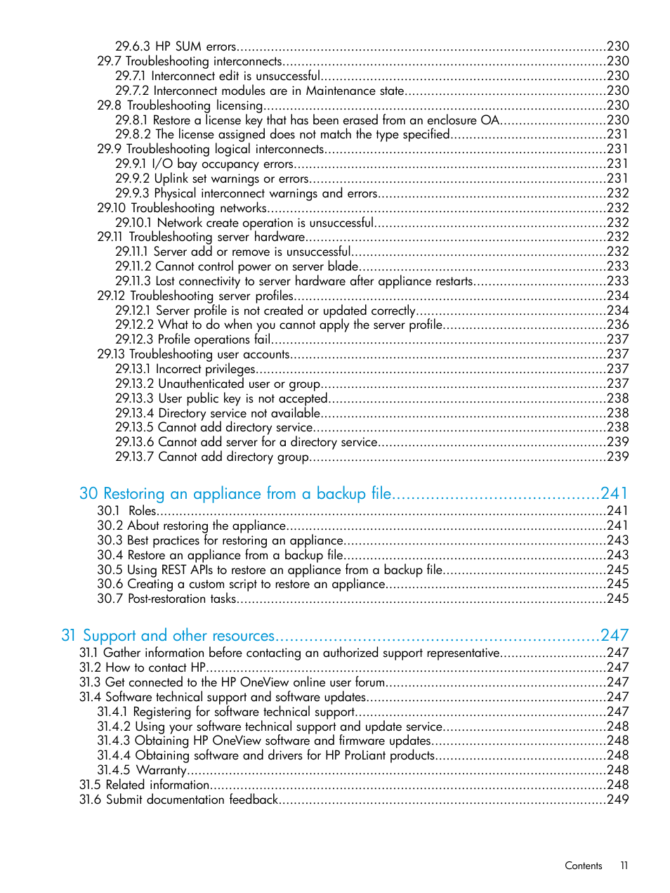 30 restoring an appliance from a backup file, 31 support and other resources | HP OneView User Manual | Page 11 / 317