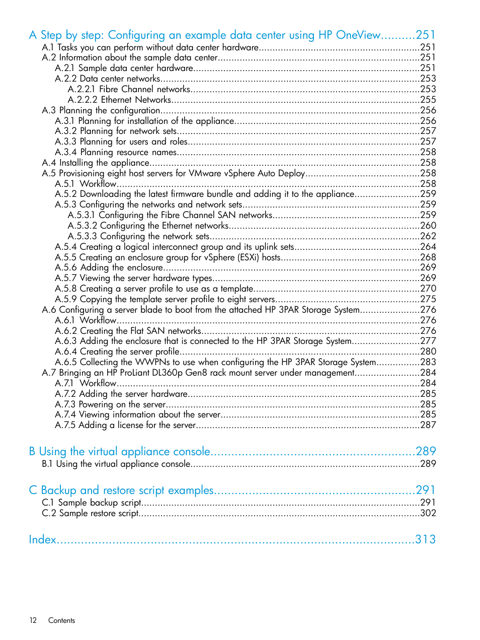 B using the virtual appliance console, C backup and restore script examples, Index | HP OneView User Manual | Page 12 / 317