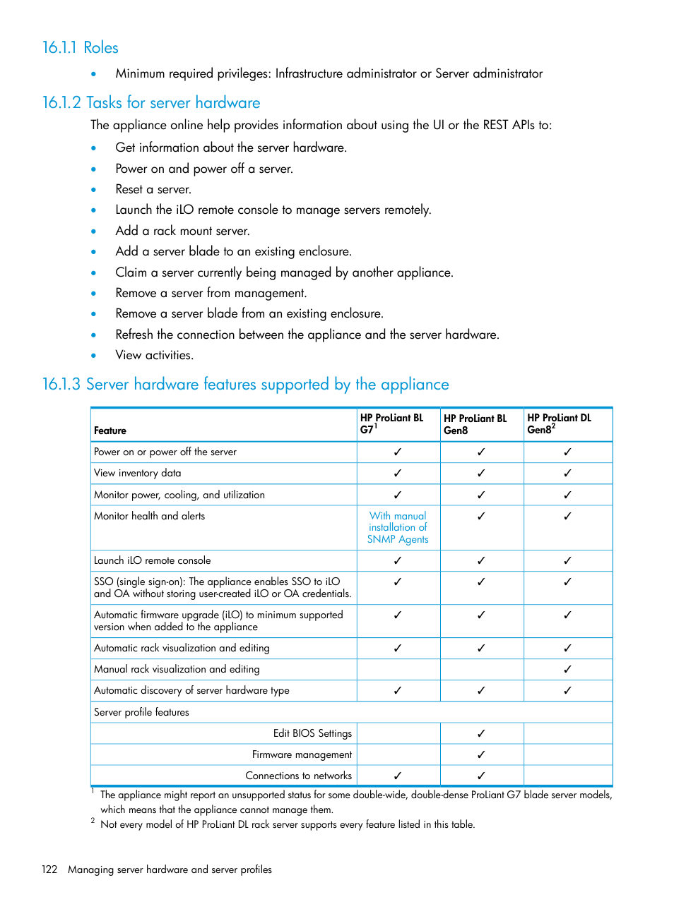 1 roles, 2 tasks for server hardware, Server hardware | HP OneView User Manual | Page 122 / 317