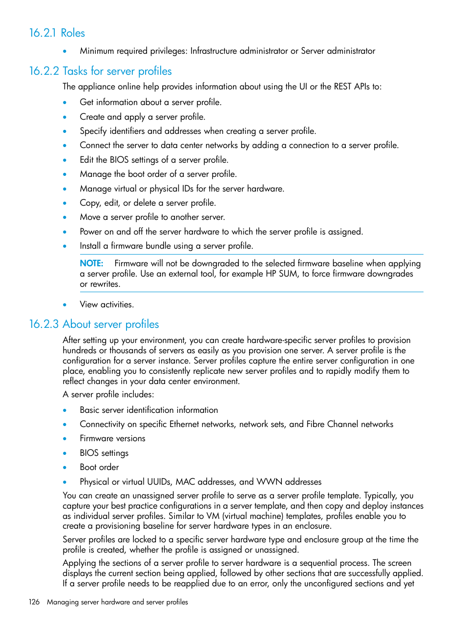 1 roles, 2 tasks for server profiles, 3 about server profiles | HP OneView User Manual | Page 126 / 317