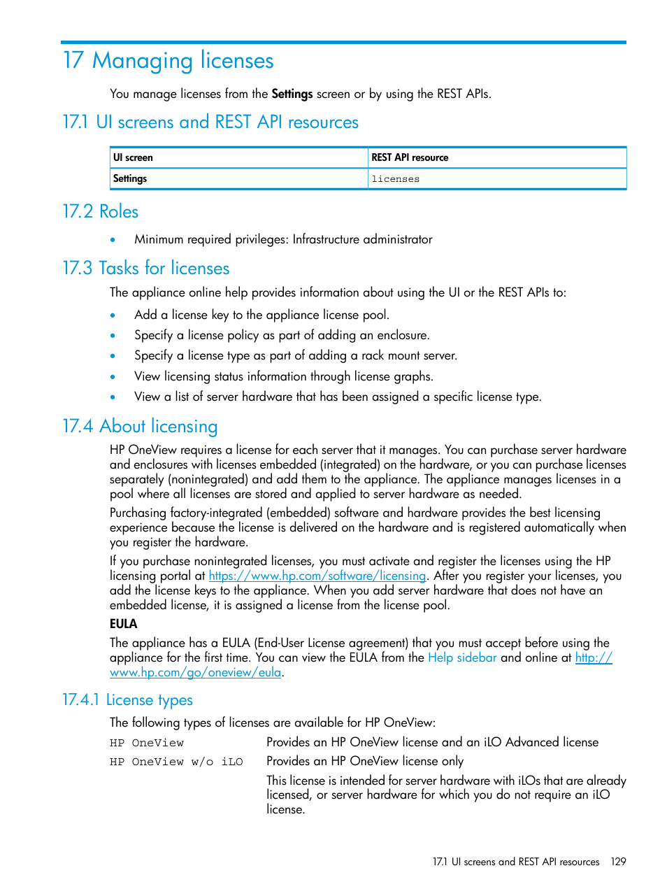 17 managing licenses, 1 ui screens and rest api resources, 2 roles | 3 tasks for licenses, 4 about licensing, 1 license types, 1 ui screens and rest api resources 17.2 roles, 3 tasks for licenses 17.4 about licensing | HP OneView User Manual | Page 129 / 317