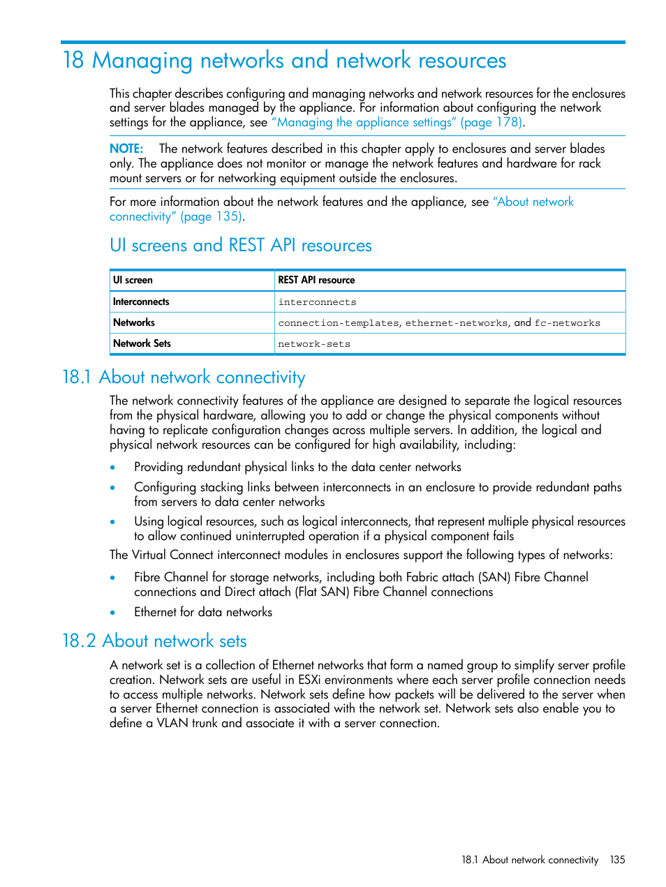 18 managing networks and network resources, 1 about network connectivity, 2 about network sets | About network connectivity, About, Managing networks and, Managing networks, Managing, Ui screens and rest api resources | HP OneView User Manual | Page 135 / 317