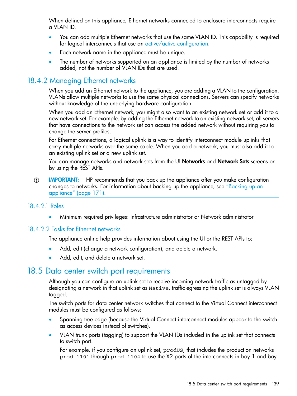 2 managing ethernet networks, 1 roles, 2 tasks for ethernet networks | 5 data center switch port requirements, 1 roles 18.4.2.2 tasks for ethernet networks | HP OneView User Manual | Page 139 / 317