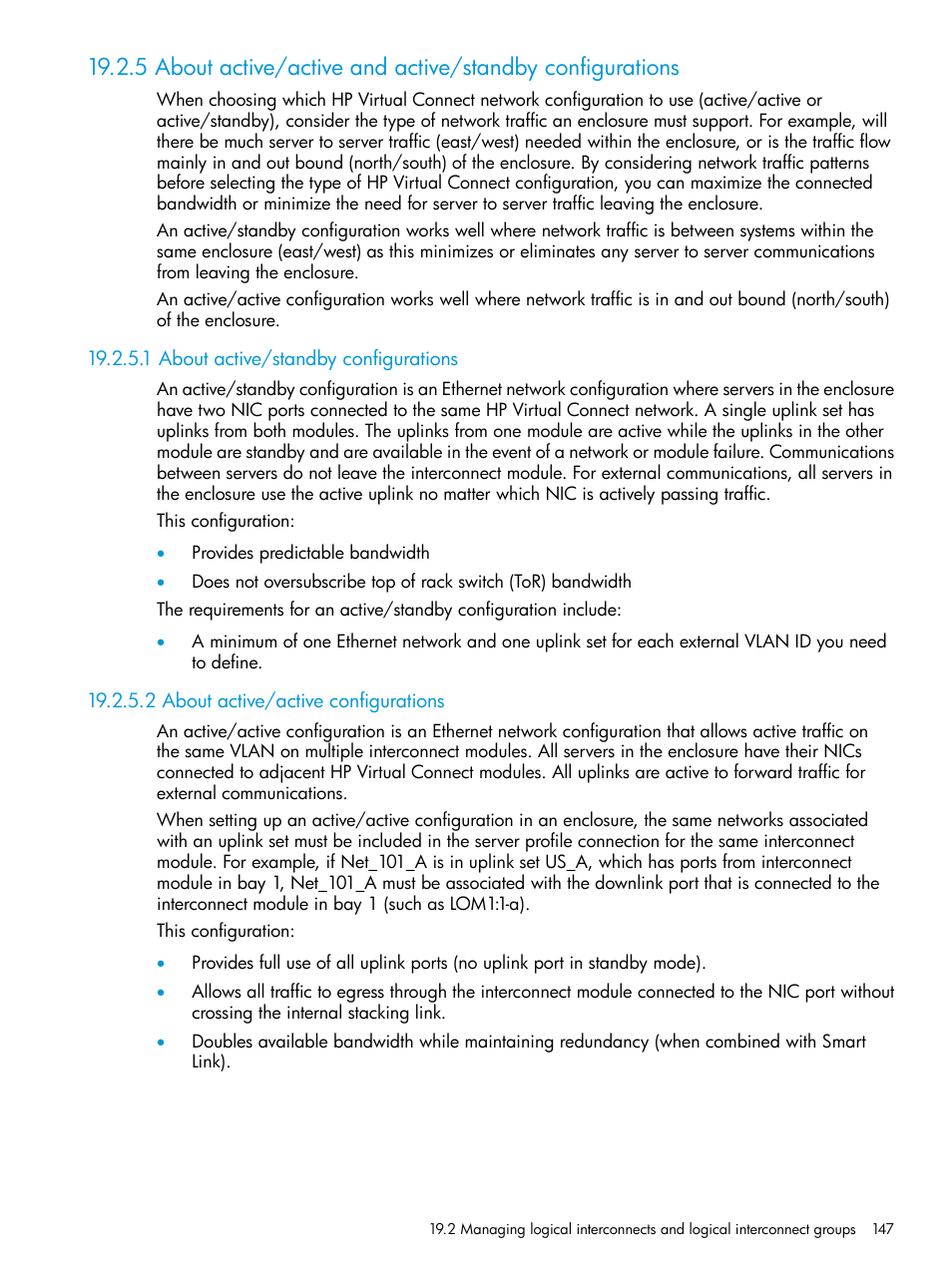 1 about active/standby configurations, 2 about active/active configurations, About active/active and active/standby | Active/active configuration, Active/standby configuration, Active/standby or active/active, Configuration | HP OneView User Manual | Page 147 / 317