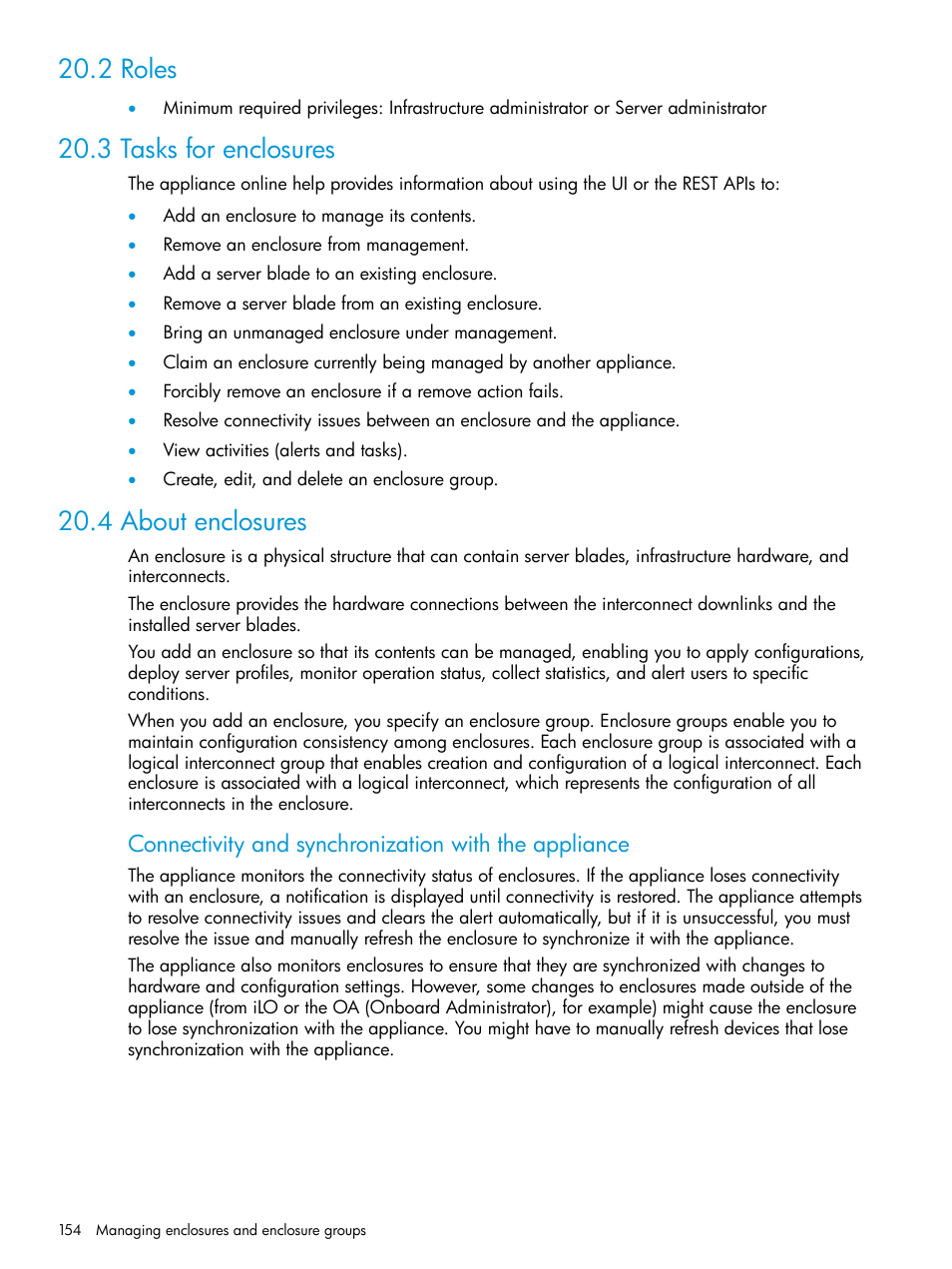 2 roles, 3 tasks for enclosures, 4 about enclosures | HP OneView User Manual | Page 154 / 317