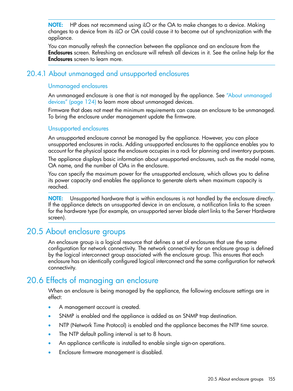1 about unmanaged and unsupported enclosures, 5 about enclosure groups, 6 effects of managing an enclosure | HP OneView User Manual | Page 155 / 317