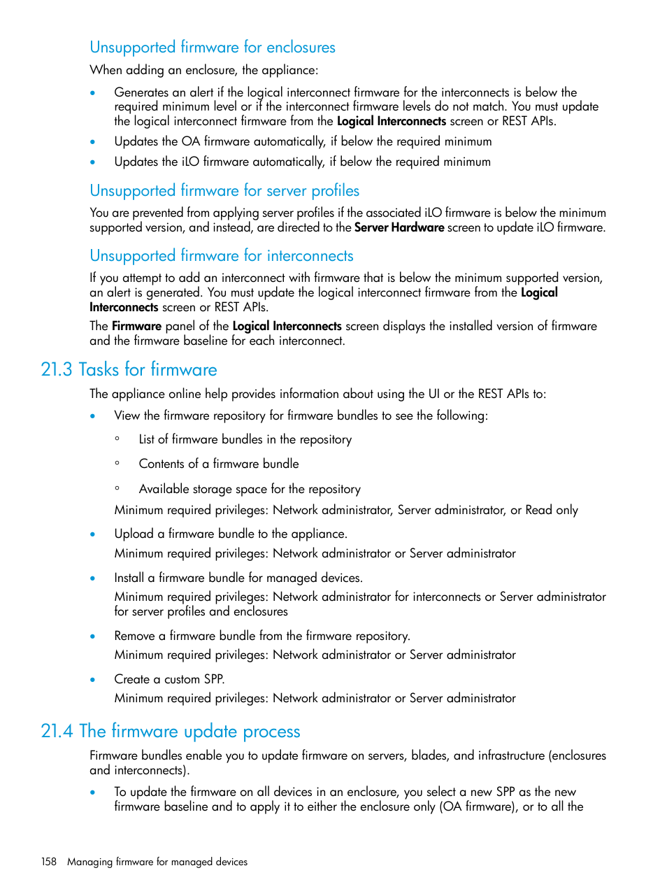 3 tasks for firmware, 4 the firmware update process, Unsupported firmware for enclosures | Unsupported firmware for server profiles, Unsupported firmware for interconnects | HP OneView User Manual | Page 158 / 317