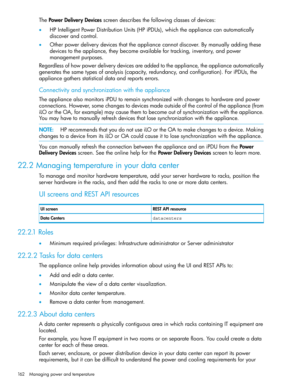 2 managing temperature in your data center, 1 roles, 2 tasks for data centers | 3 about data centers, Ui screens and rest api resources | HP OneView User Manual | Page 162 / 317