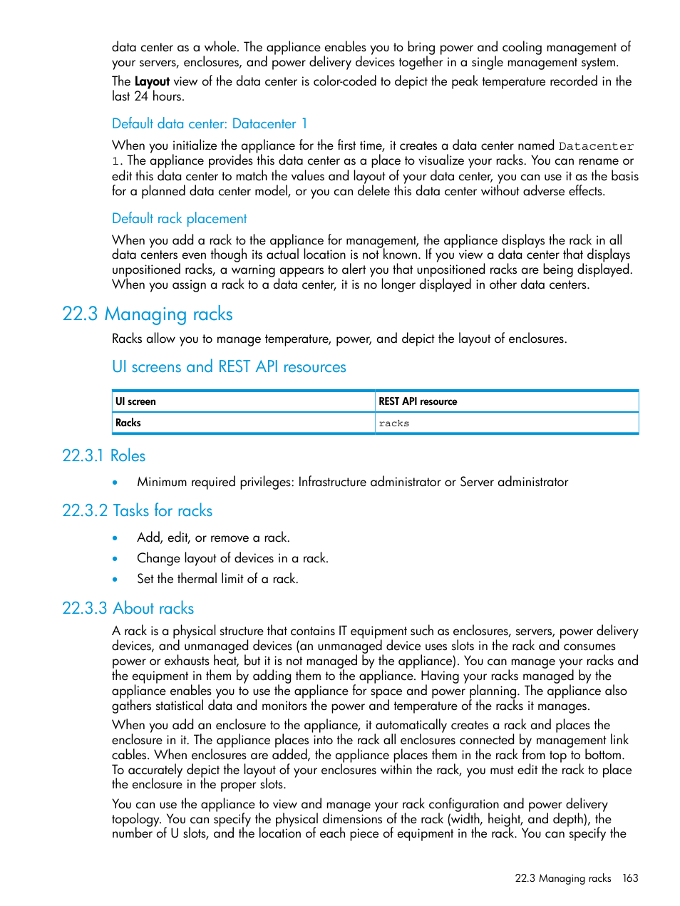 3 managing racks, 1 roles, 2 tasks for racks | 3 about racks, 1 roles 22.3.2 tasks for racks 22.3.3 about racks, Ui screens and rest api resources | HP OneView User Manual | Page 163 / 317