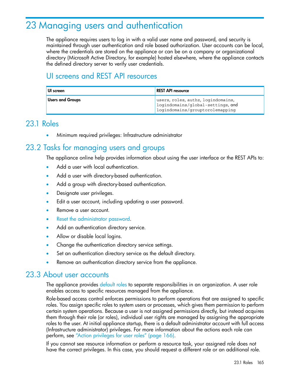 23 managing users and authentication, 1 roles, 2 tasks for managing users and groups | 3 about user accounts, Ui screens and rest api resources | HP OneView User Manual | Page 165 / 317