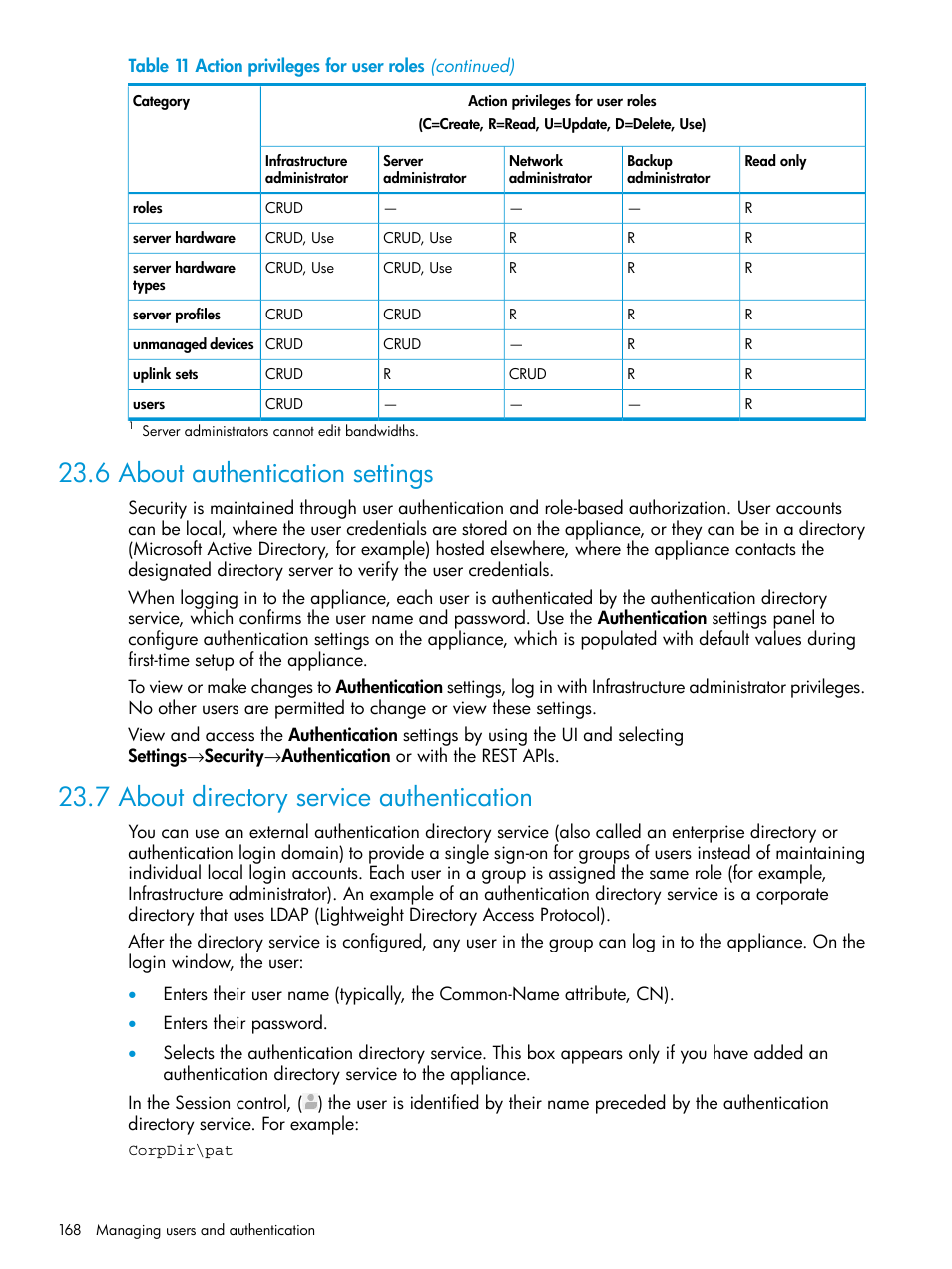 6 about authentication settings, 7 about directory service authentication | HP OneView User Manual | Page 168 / 317