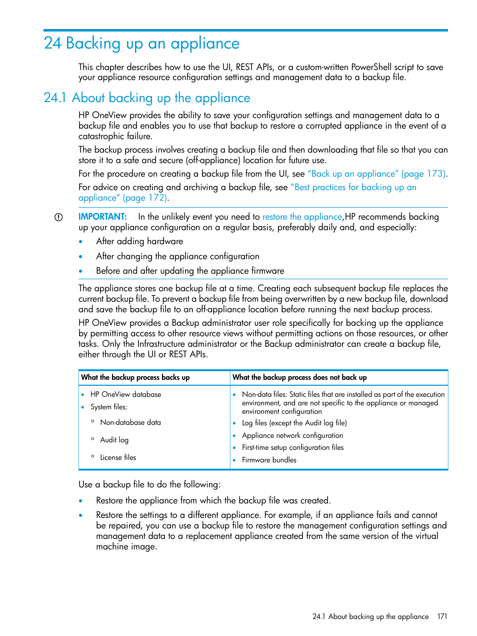24 backing up an appliance, 1 about backing up the appliance | HP OneView User Manual | Page 171 / 317