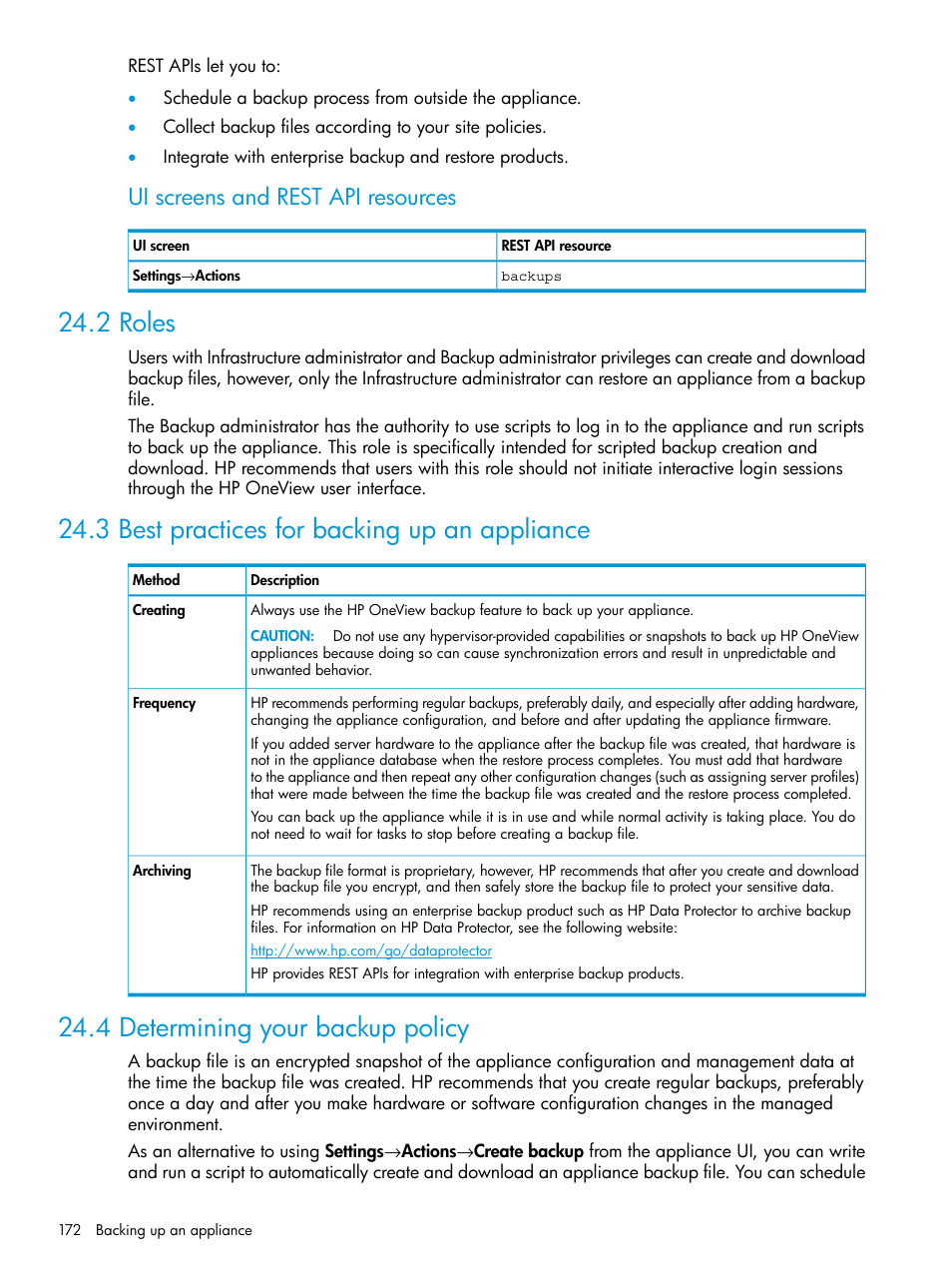 2 roles, 3 best practices for backing up an appliance, 4 determining your backup policy | Best practices for backing up an, Ui screens and rest api resources | HP OneView User Manual | Page 172 / 317