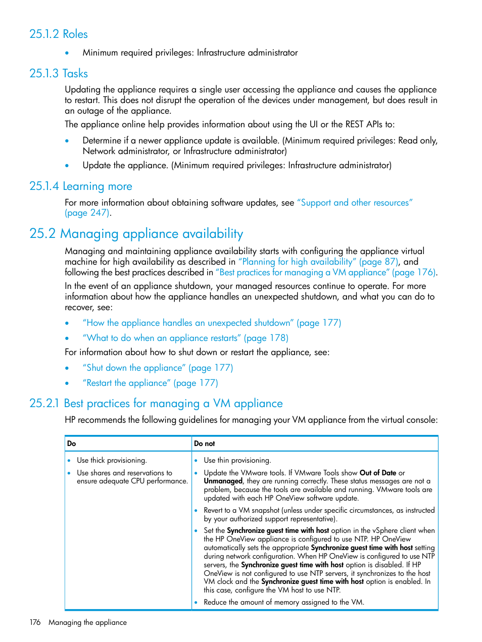 2 roles, 3 tasks, 4 learning more | 2 managing appliance availability, 1 best practices for managing a vm appliance, 2 roles 25.1.3 tasks 25.1.4 learning more, Managing appliance availability | HP OneView User Manual | Page 176 / 317