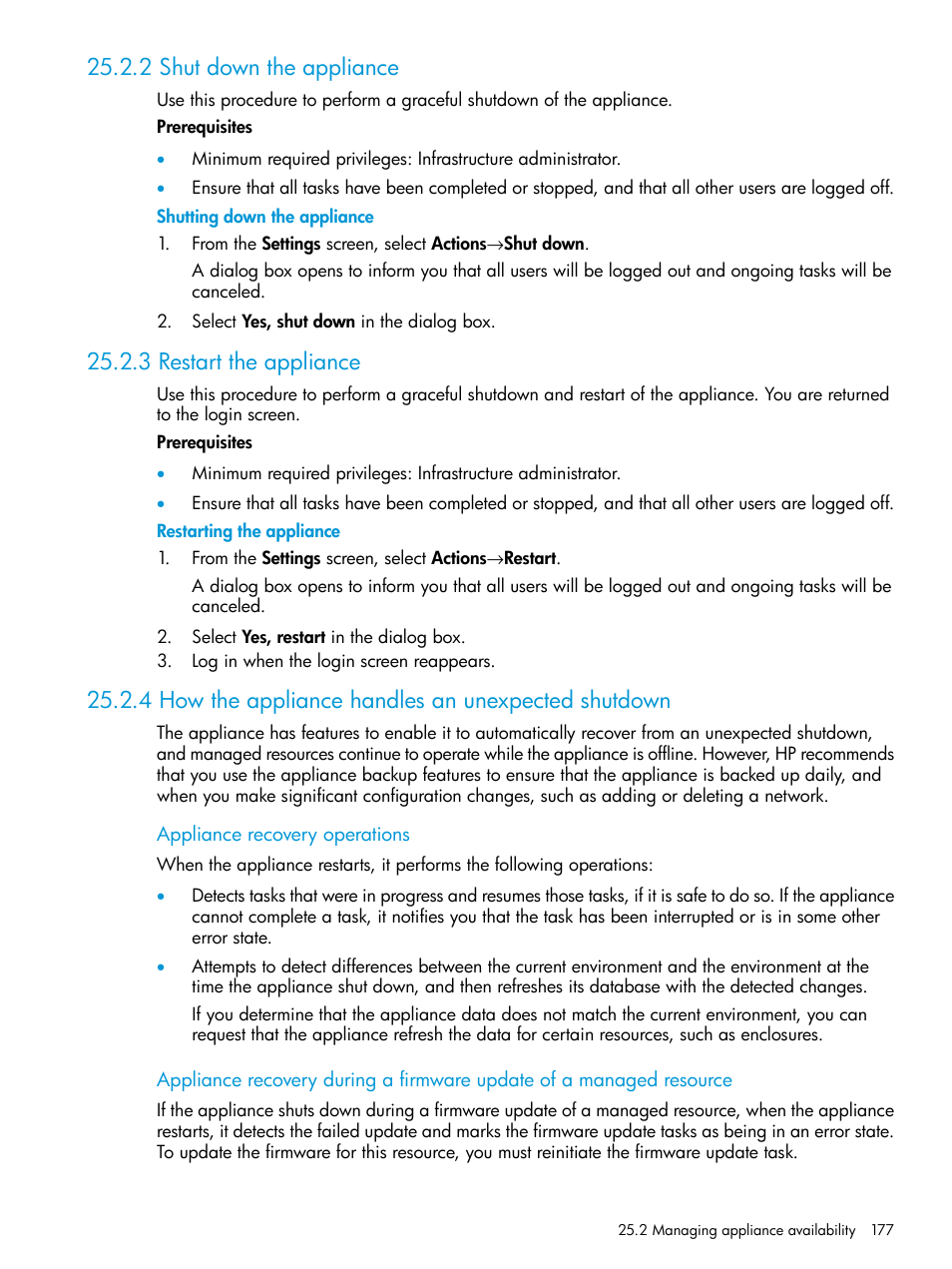 2 shut down the appliance, 3 restart the appliance, 4 how the appliance handles an unexpected shutdown | HP OneView User Manual | Page 177 / 317