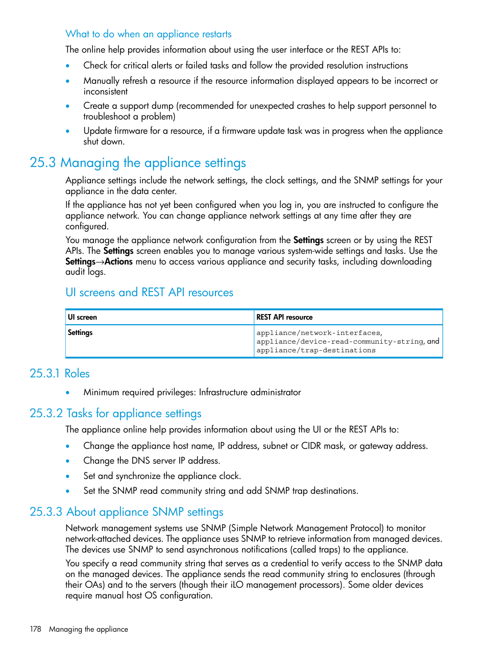 3 managing the appliance settings, 1 roles, 2 tasks for appliance settings | 3 about appliance snmp settings, Ui screens and rest api resources | HP OneView User Manual | Page 178 / 317