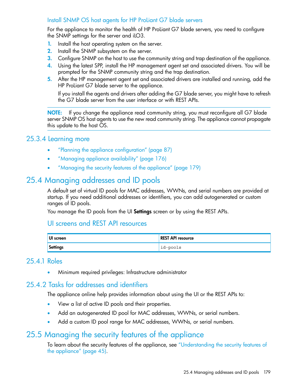 4 learning more, 4 managing addresses and id pools, 1 roles | 2 tasks for addresses and identifiers, 5 managing the security features of the appliance, 1 roles 25.4.2 tasks for addresses and identifiers, Ui screens and rest api resources | HP OneView User Manual | Page 179 / 317