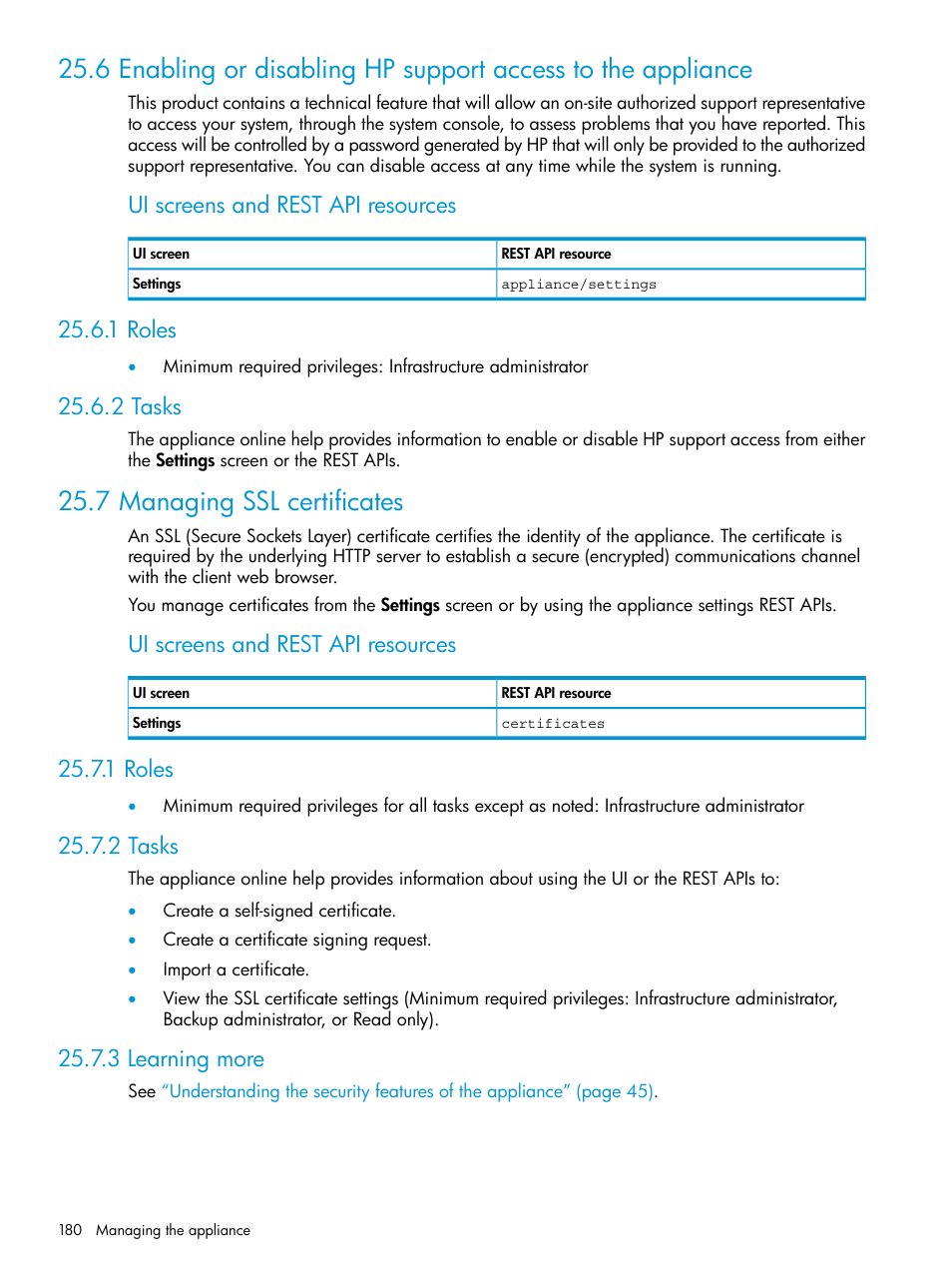 1 roles, 2 tasks, 7 managing ssl certificates | 3 learning more, 1 roles 25.6.2 tasks, 1 roles 25.7.2 tasks 25.7.3 learning more, Ui screens and rest api resources | HP OneView User Manual | Page 180 / 317