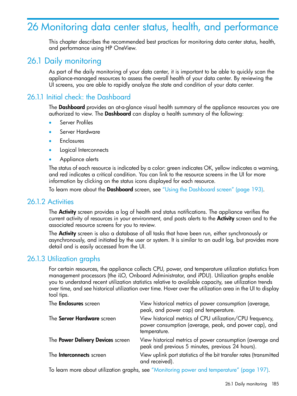 1 daily monitoring, 1 initial check: the dashboard, 2 activities | 3 utilization graphs | HP OneView User Manual | Page 185 / 317