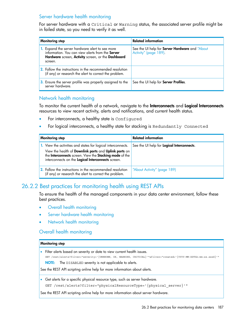 Server hardware health monitoring, Network health monitoring, Overall health monitoring | HP OneView User Manual | Page 187 / 317