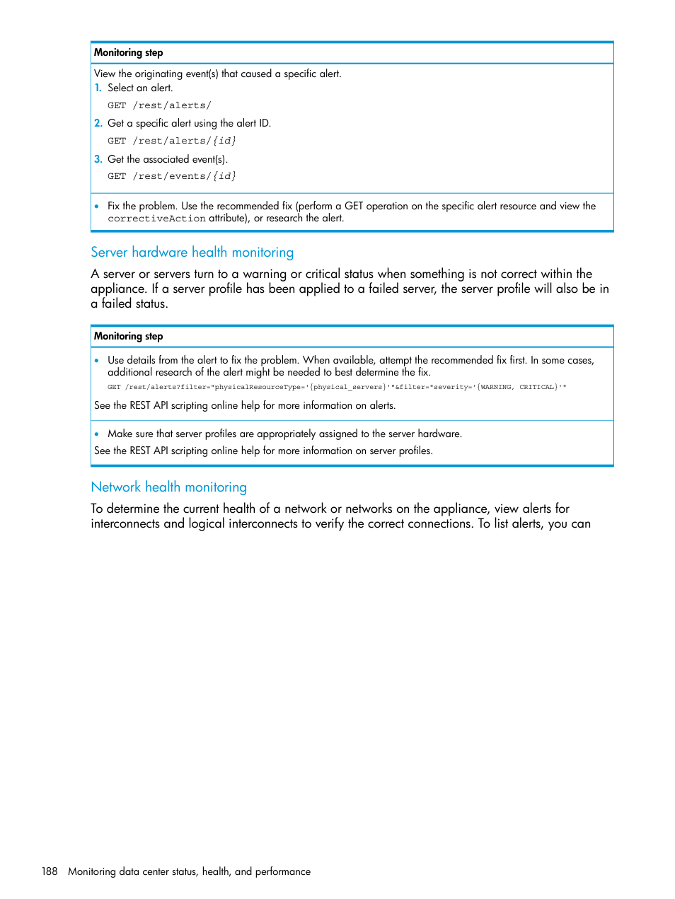 Server hardware health monitoring, Network health monitoring | HP OneView User Manual | Page 188 / 317