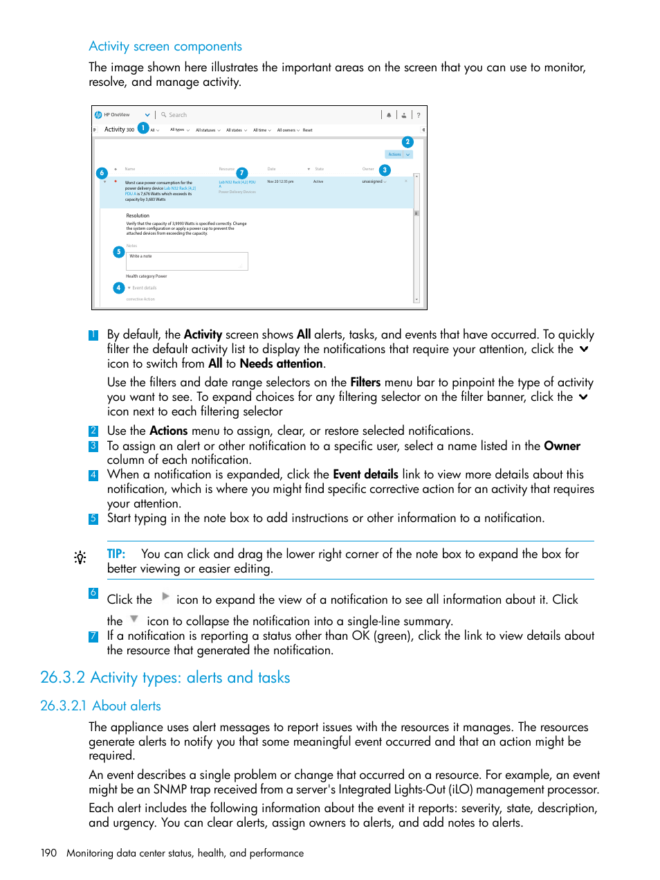 2 activity types: alerts and tasks, 1 about alerts, Activity screen components | HP OneView User Manual | Page 190 / 317