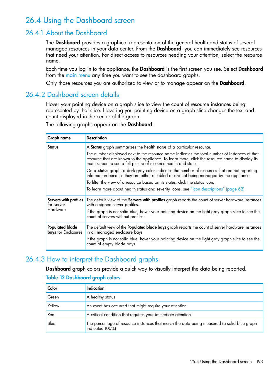 4 using the dashboard screen, 1 about the dashboard, 2 dashboard screen details | 3 how to interpret the dashboard graphs | HP OneView User Manual | Page 193 / 317