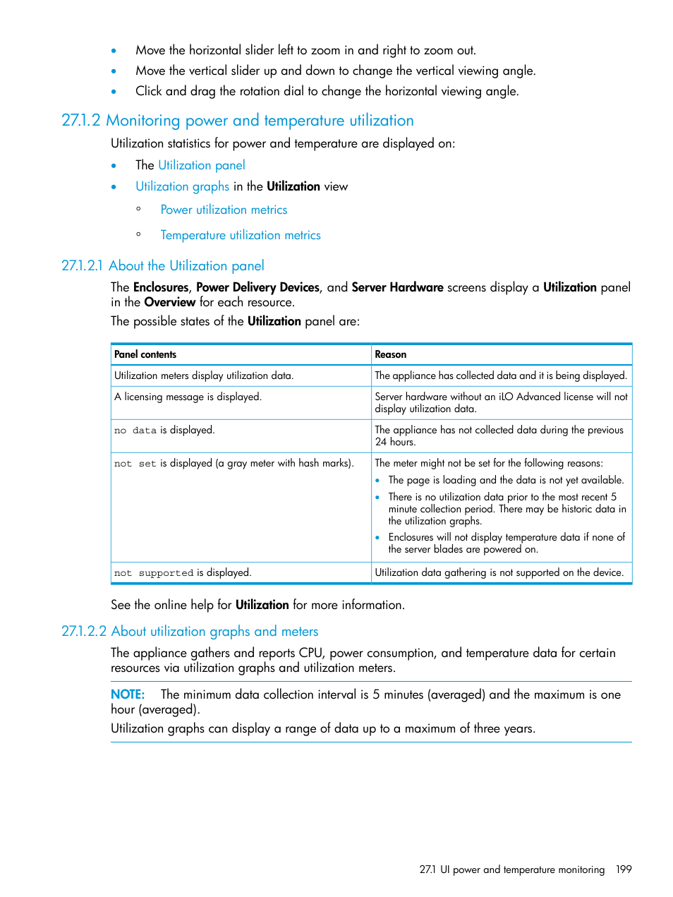 2 monitoring power and temperature utilization, 1 about the utilization panel, 2 about utilization graphs and meters | Utilization panel, Utilization, Graphs | HP OneView User Manual | Page 199 / 317